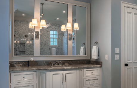 Master Bathroom Remodel with Porcelain Tile Floor, White Beaded Inset Custom Vanities, Quartzite Countertops, Custom Framed Mirrors, Crystal Chandelier and Polished Nickel Fixtures